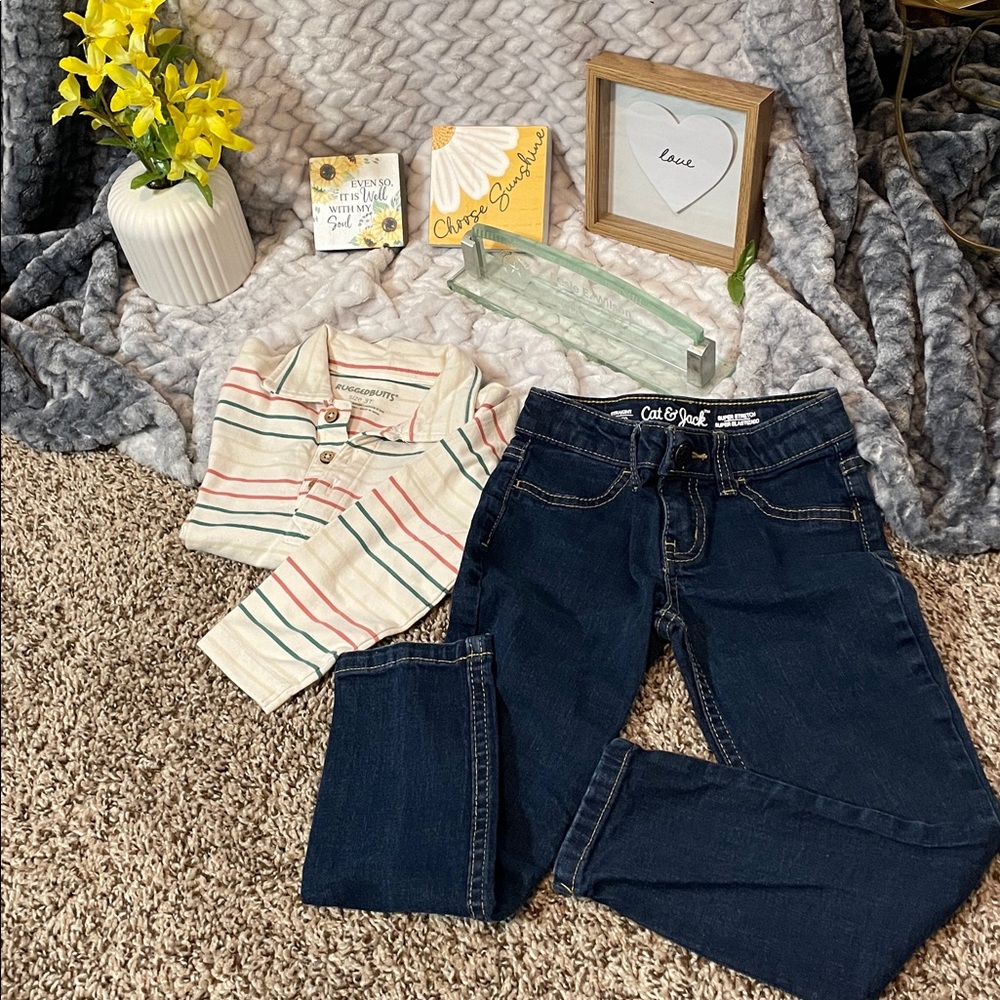 2 pcs Cat & Jack Jeans 4 & Multicolor Striped Top & Rugged Butt Shirt 3T Set